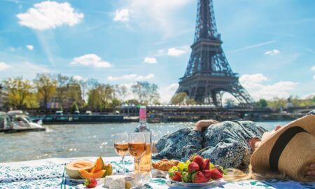 Pique nique à Paris au bord de la Seine devant la Tour Eiffel