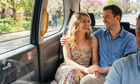 Couple heureux à l'arrière d'un taxi