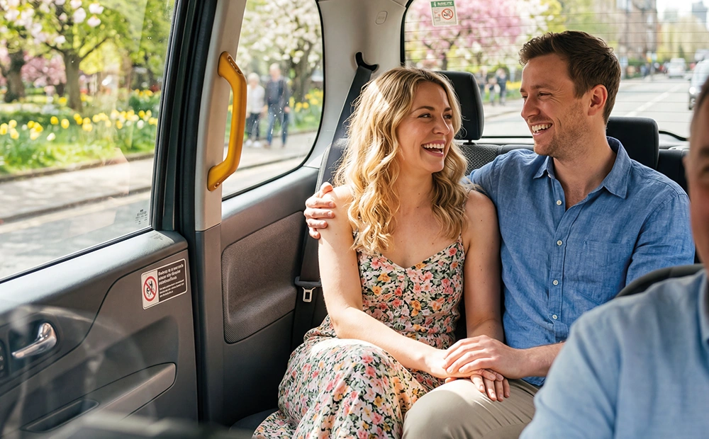 Couple heureux à l'arrière d'un taxi
