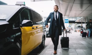 un client rejoint son taxi à la sortie de l'aéroport